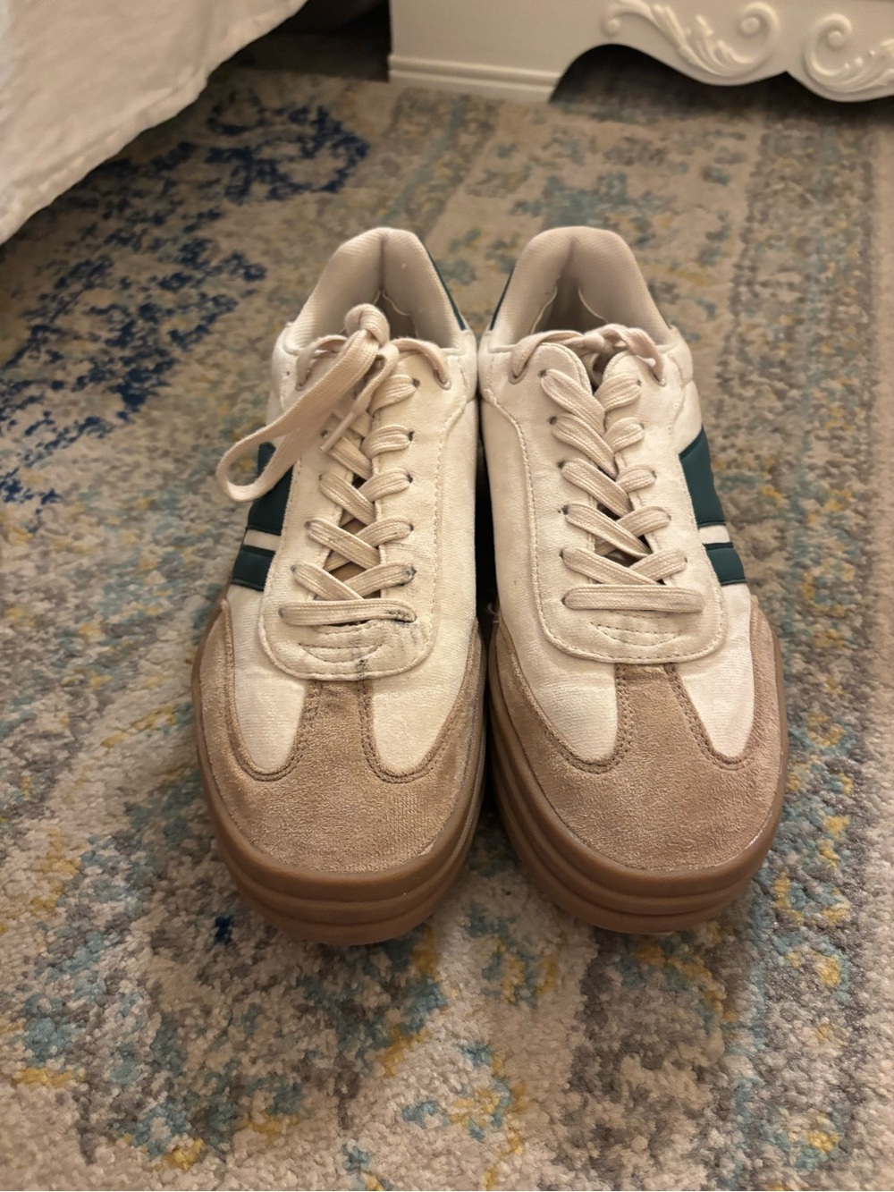 Women's Cream and Beige Suede-Trim Sneakers with Green Stripe
